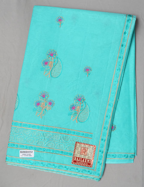 Sindhu Pure Cotton Embroidered Saree - Greenish Blue Color