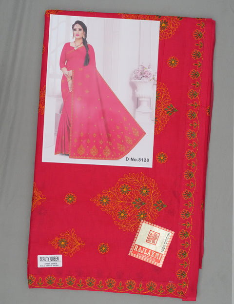 Beauty Queen Pure Cotton Embroidered Saree - Pinkish Red Color