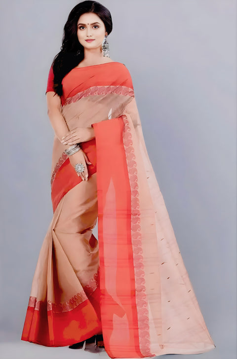 Bengal Cotton Tant Saree Without Blouse Piece - Red Color