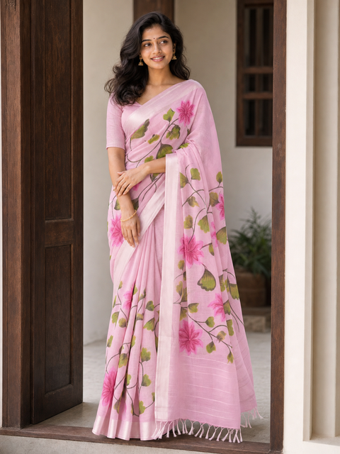 Hand Painted Kota Linen Saree - Pink Color