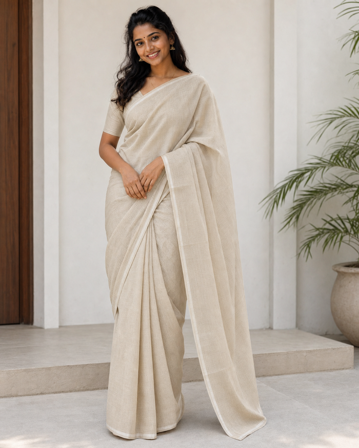 Kota Cotton Plain Saree - Beige Color