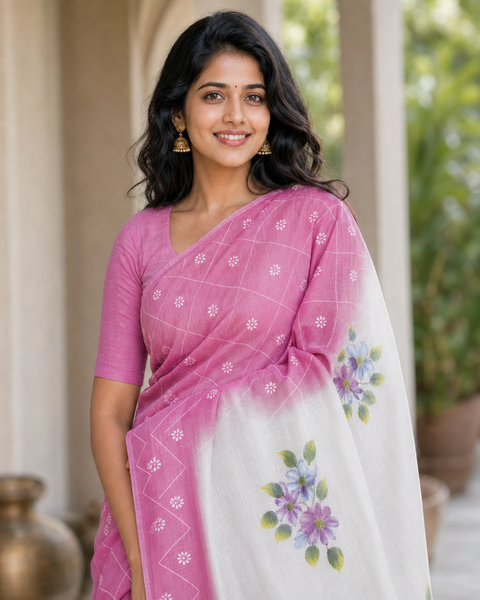 Kota Cotton Hand Painted Saree - Pink Color