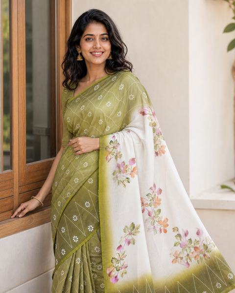 Kota Cotton Hand Painted Saree - Olive Green Color