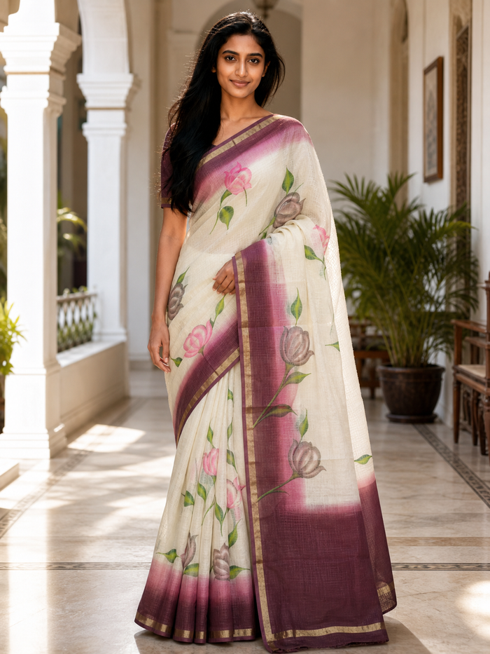 Pure Cotton Kota Doria Hand Painted Saree - White and Brown Color