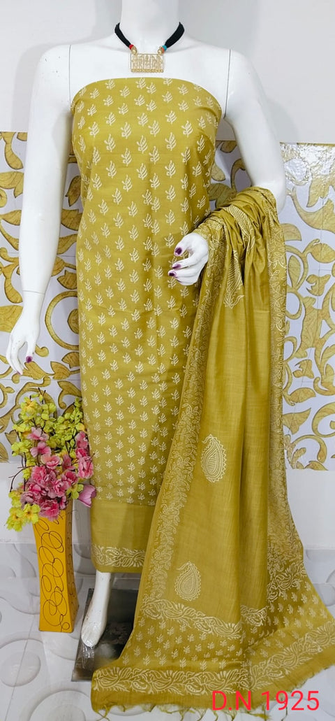 Katan Staple Rubber Printed Dress Material - Mustard Color