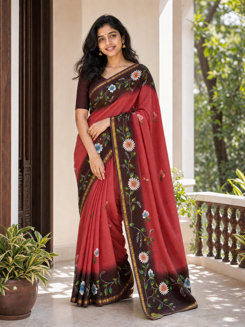Kota Pure Cotton Painted Saree - Red & Brown Color