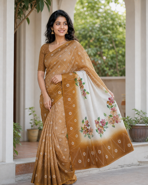 Kota Cotton Hand Painted Saree - Brown Color