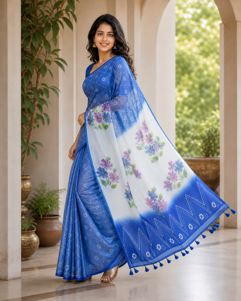 Kota Cotton Hand Painted Saree - Navy Blue Color