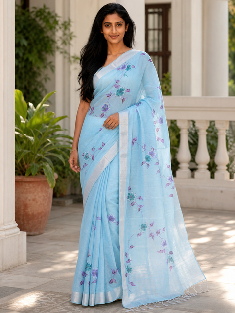 Kota Linen Hand Painted Saree - Blue Color