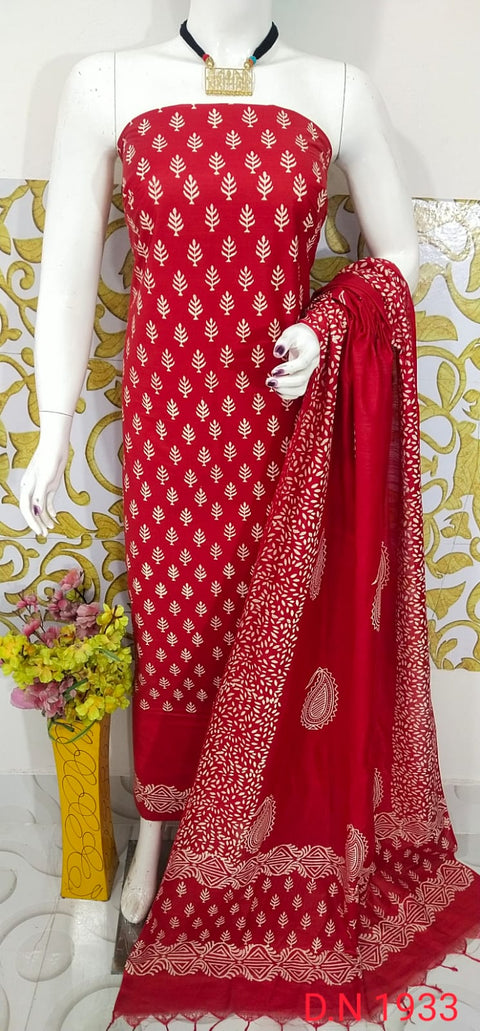 Rubber Printed Katan Staple Silk Dress Piece - Red Color