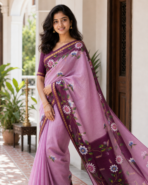 Kota Pure Cotton Painted Saree - Wine & Pink Color
