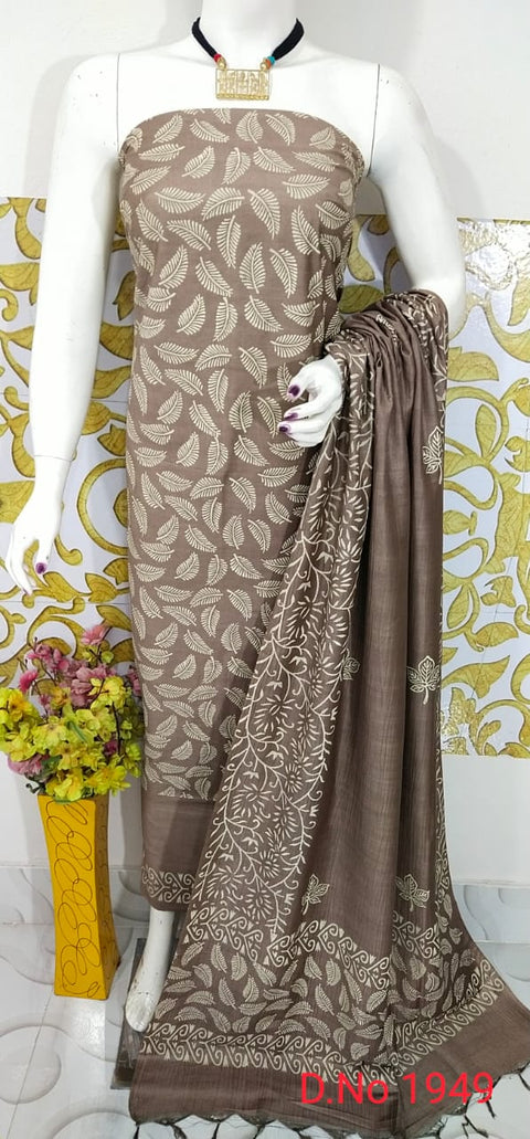 Rubber Printed Katan Staple Dress Material - Beige Color