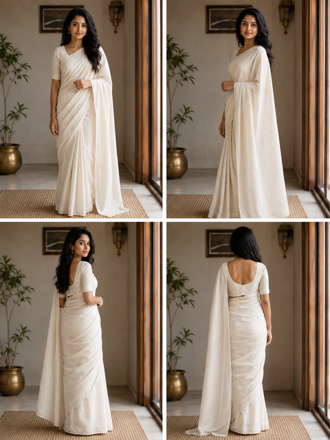 Kota Cotton Plain Saree - Off White Color