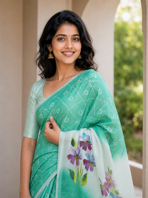 Kota Cotton Hand Painted Saree - Sea Green Color