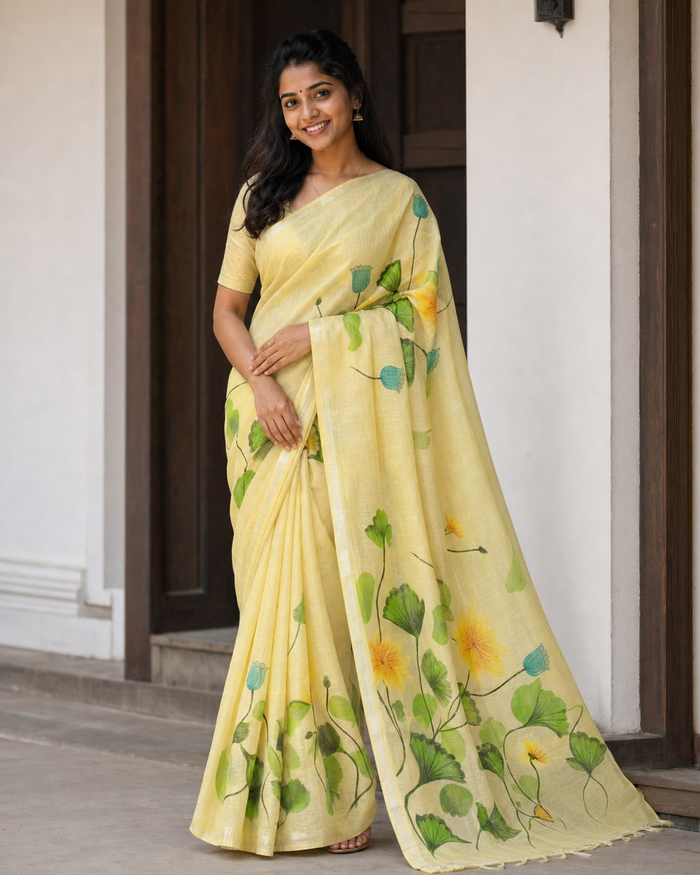 Hand Painted Kota Linen Saree - Yellow Color