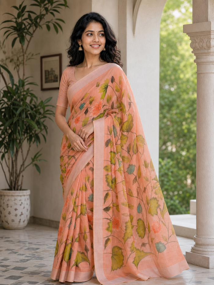 Hand Painted Kota Linen Saree - Peach Color