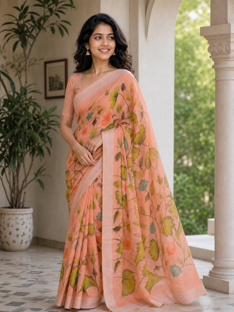 Hand Painted Kota Linen Saree - Peach Color