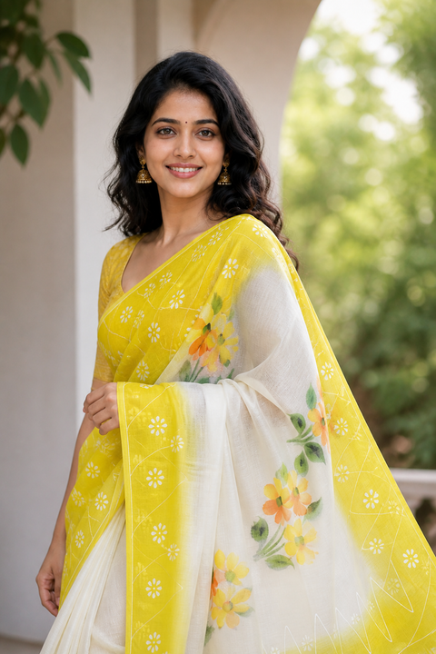 Kota Cotton Hand Painted Saree - Yellow Color