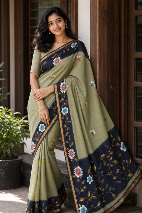 Kota Pure Cotton Painted Saree - Navy Blue & Pista Green Color