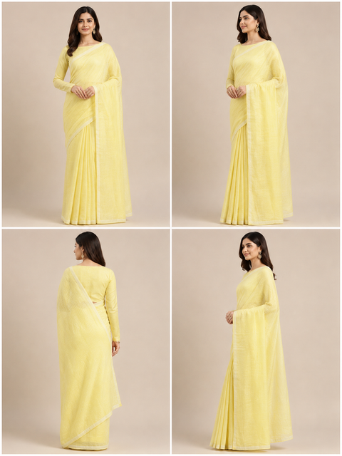 Kota Cotton Plain Saree - Light Yellow
