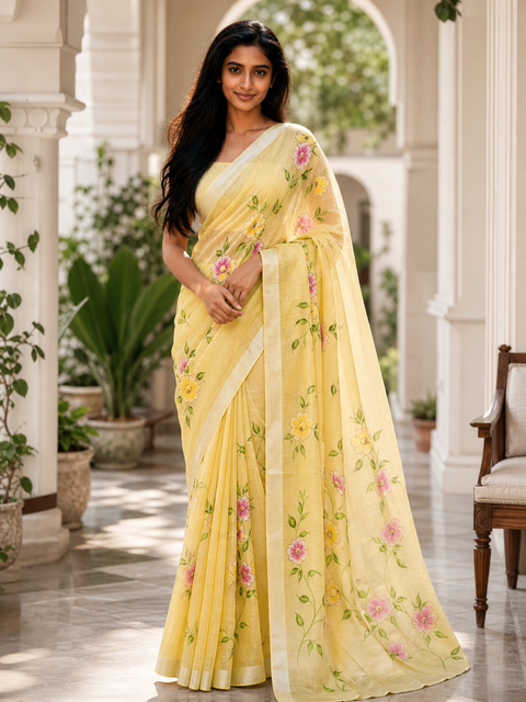 Kota Linen Hand Painted Saree - Yellow Color