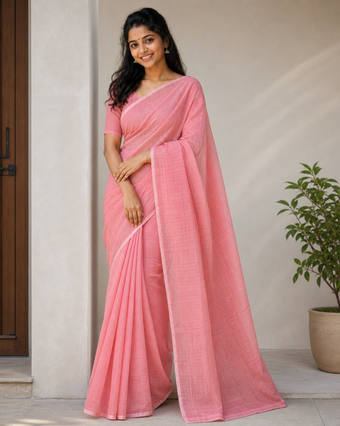 Kota Cotton Plain Saree - Light Peach