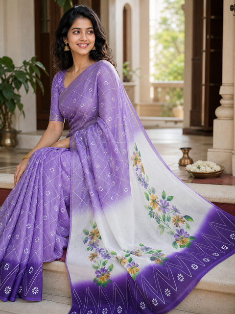Kota Cotton Hand Painted Saree - Purple Color