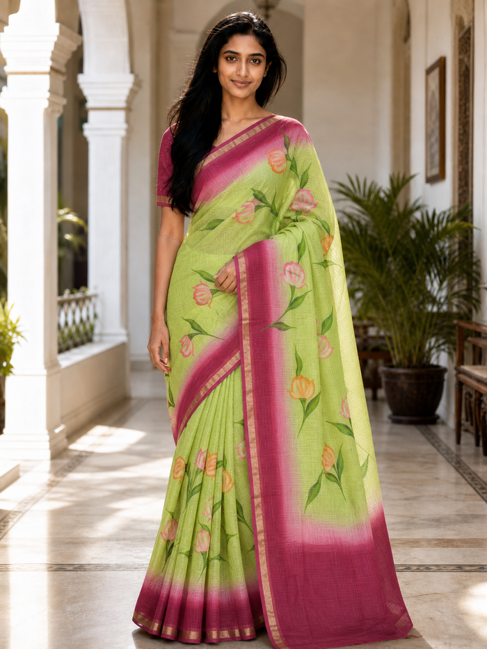 Pure Cotton Kota Doria Hand Painted Saree - Green & Pink Color