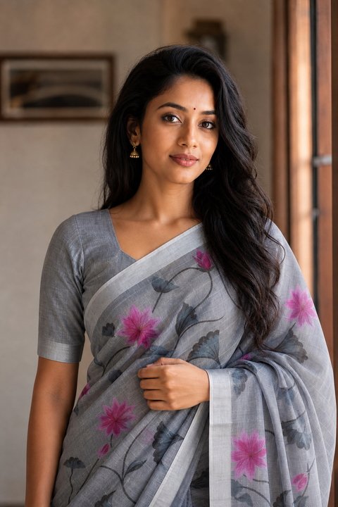 Hand Painted Kota Linen Saree - Grey Color
