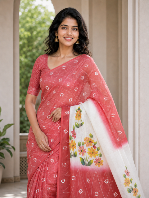 Kota Cotton Hand Painted Saree - Red Color