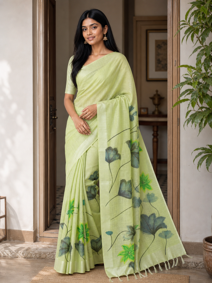 Hand Painted Kota Linen Saree - Pista Green Color