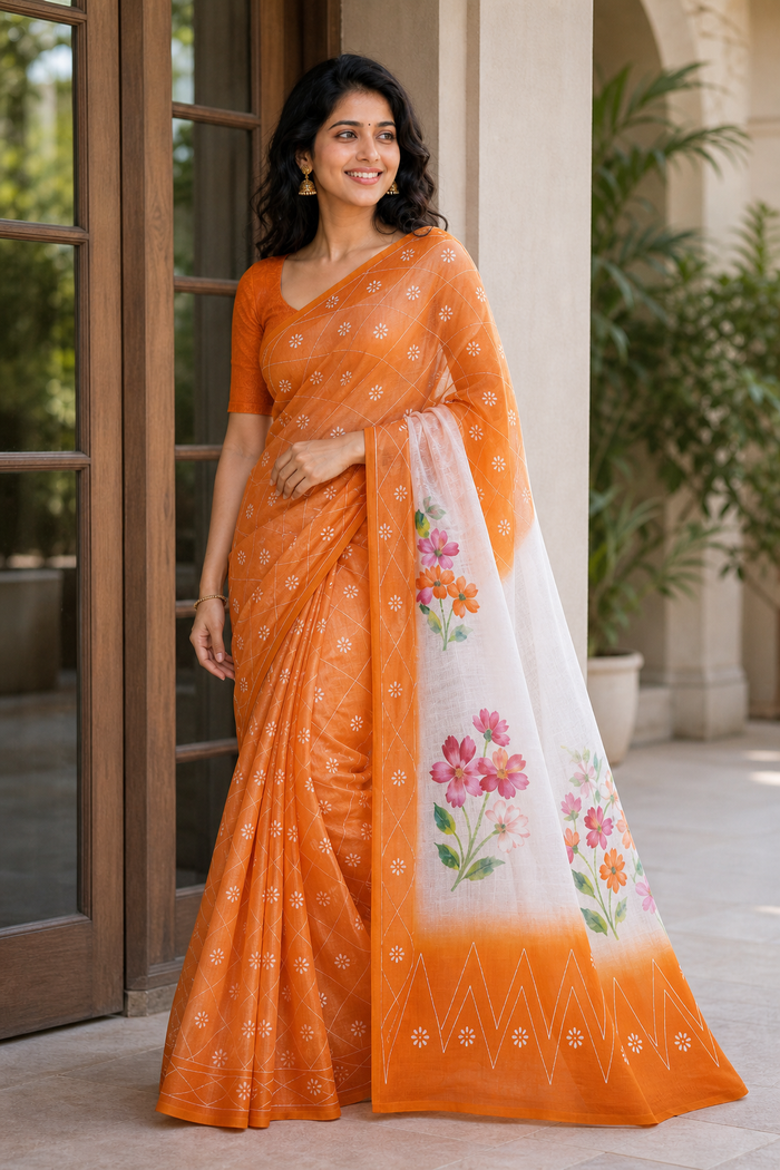 Kota Cotton Hand Painted Saree - Orange Color