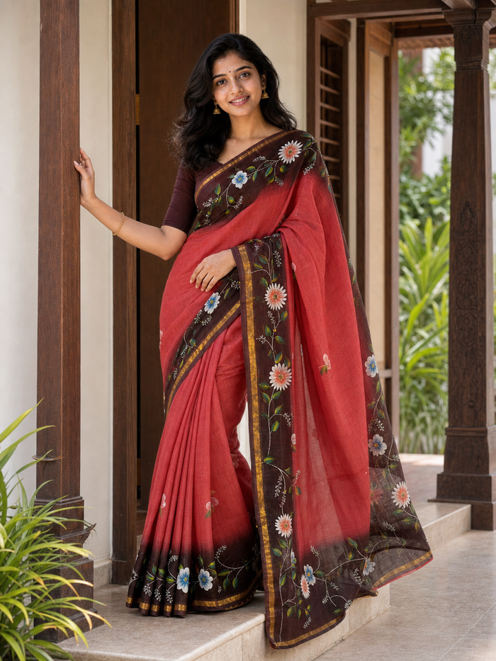 Kota Pure Cotton Painted Saree - Red & Brown Color