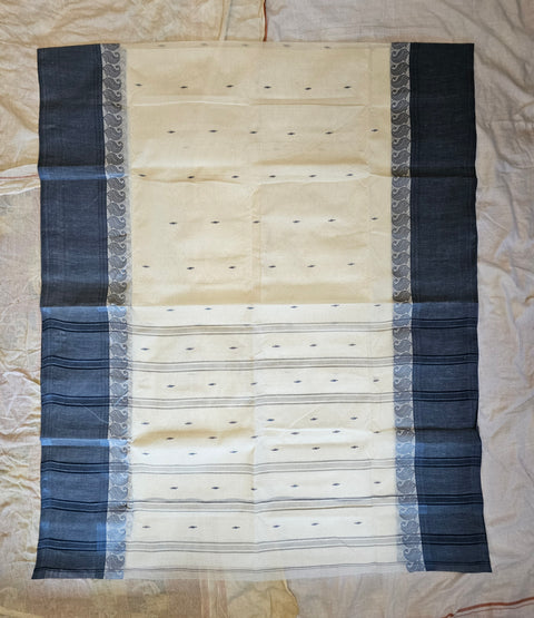 Bengal Tant Cotton Saree Without Blouse Piece - Cream & Blue Colour