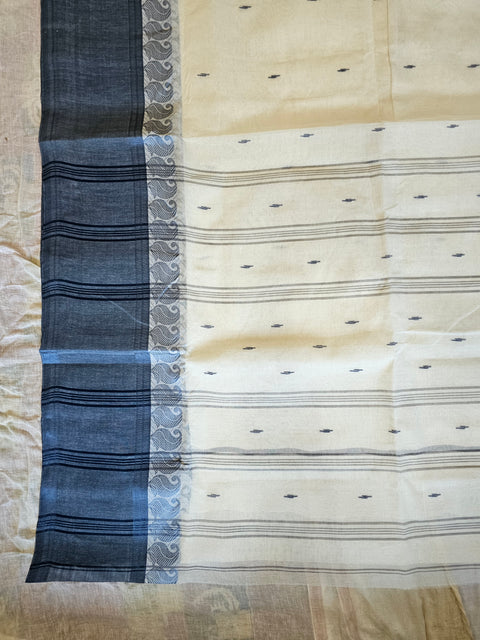 Bengal Tant Cotton Saree Without Blouse Piece - Cream & Blue Colour