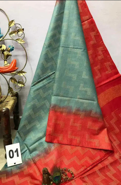 Cotton Silk Kantha Saree with Box Pattern Dyeing Design - Green and Red Color