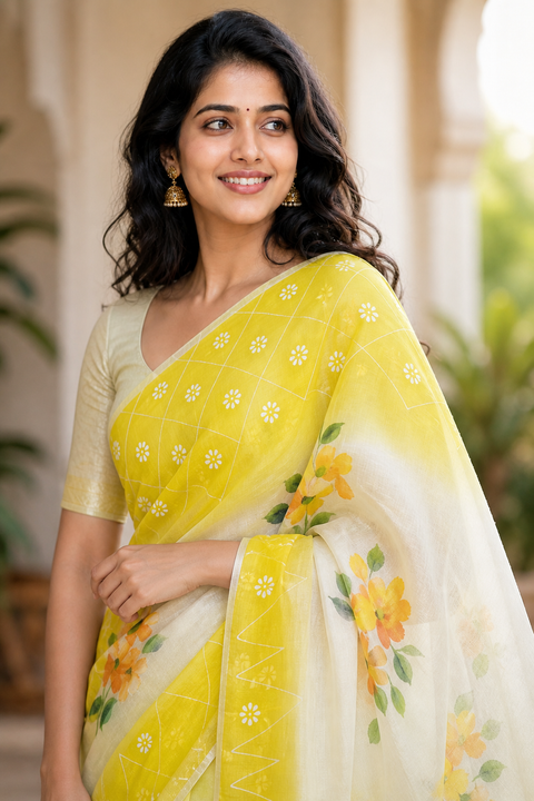 Kota Cotton Hand Painted Saree - Yellow Color
