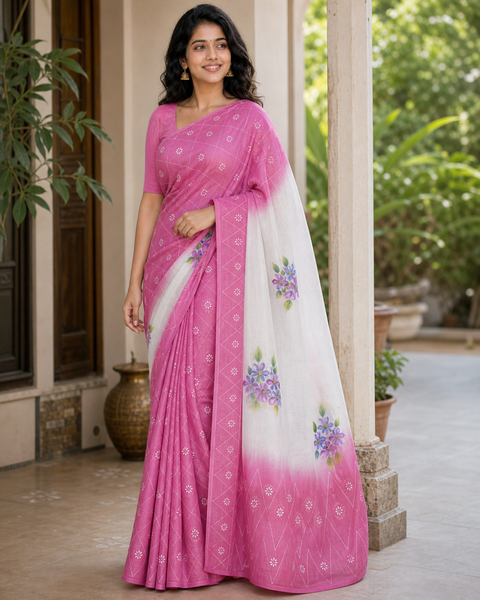 Kota Cotton Hand Painted Saree - Pink Color