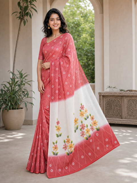 Kota Cotton Hand Painted Saree - Red Color