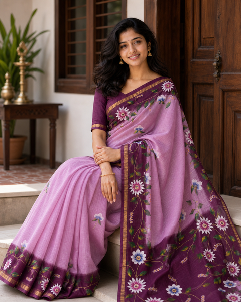 Kota Pure Cotton Painted Saree - Wine & Pink Color