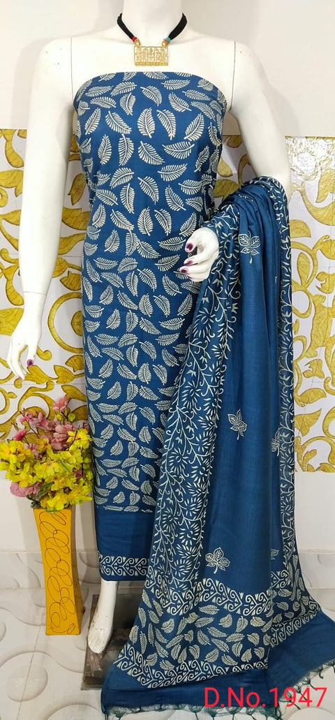 Rubber Printed Katan Staple Dress Material - Navy Blue Color