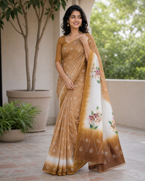 Kota Cotton Hand Painted Saree - Brown Color