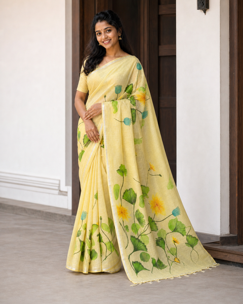 Hand Painted Kota Linen Saree - Yellow Color