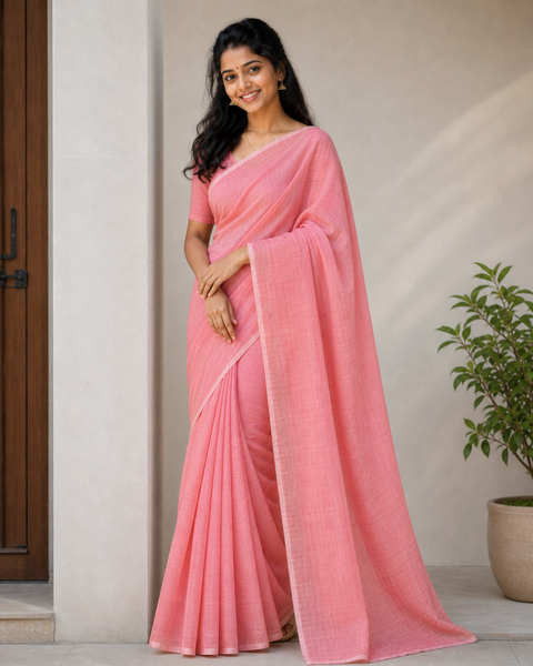 Kota Cotton Plain Saree - Light Peach