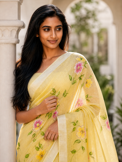 Kota Linen Hand Painted Saree - Yellow Color