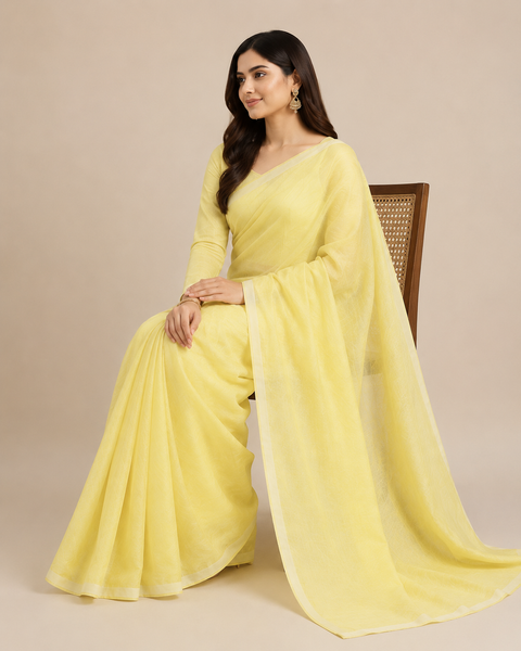 Kota Cotton Plain Saree - Light Yellow