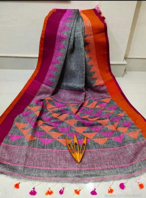 Linen Jamdani Saree with Matching Blouse Piece - Grey Color