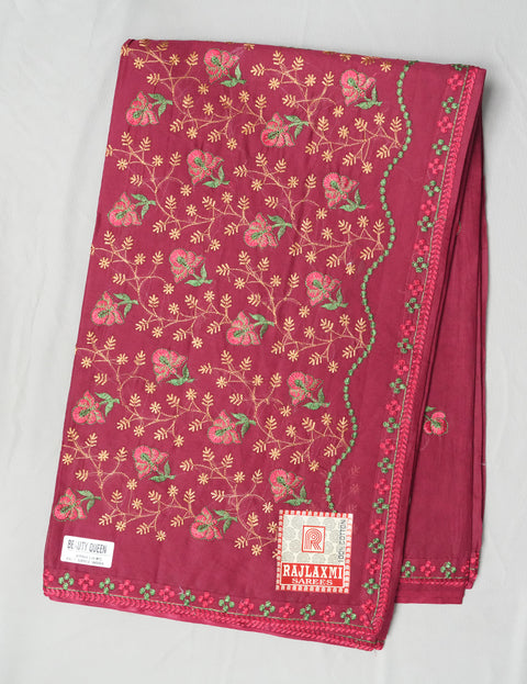 Beauty Queen Pure Cotton Embroidered Saree - Maroon Color