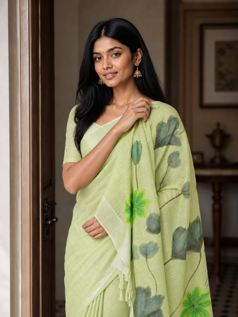 Hand Painted Kota Linen Saree - Pista Green Color