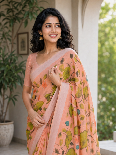 Hand Painted Kota Linen Saree - Peach Color